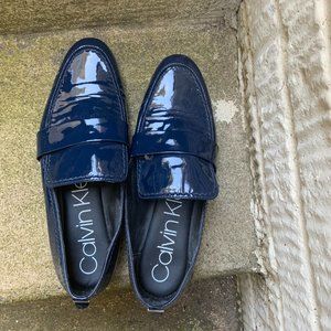 Calvin Klein Loafers Women's Casual Navy Blue Patent Leather Slip On Shoes